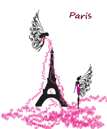 The fairy showered the Eiffel Tower with many hearts, as a symbol of the romantic capital of the world, ideally suited as a creative template, postcards, cards, postersの写真素材