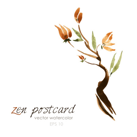 Chinese painting - zen-like natural hand-made vector watercolor flower illustration on whiteのイラスト素材