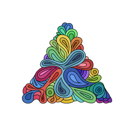 Wavy hipster triangle. Hand-drawn triangle composed from waves and curves on white background. Retro hipster colorful design template on white.のイラスト素材