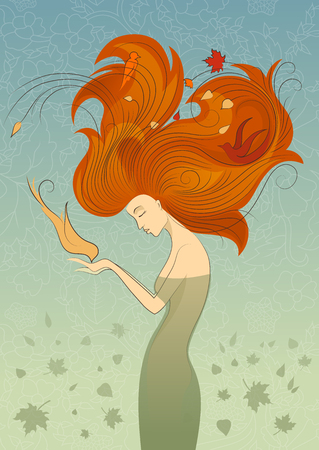 Autumn Style Fantasy Outline Sketch of Young Woman with Long Red Curly Hair Feeding the Bird from Hands, Surrounded by Birds and Maple Leaves on Blue Background.のイラスト素材