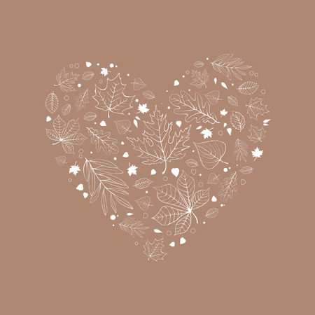 Autumn leaves heart design white outline on beige backgroundのイラスト素材