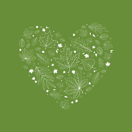 Autumn leaves heart design white outline on reen backgroundのイラスト素材