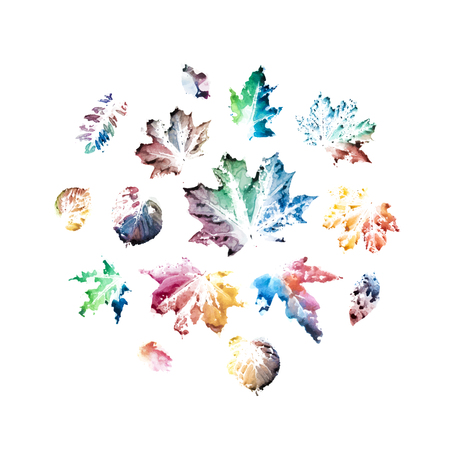 Watercolor autumn leaves. Natural colorful watercolor leaf prints.のイラスト素材