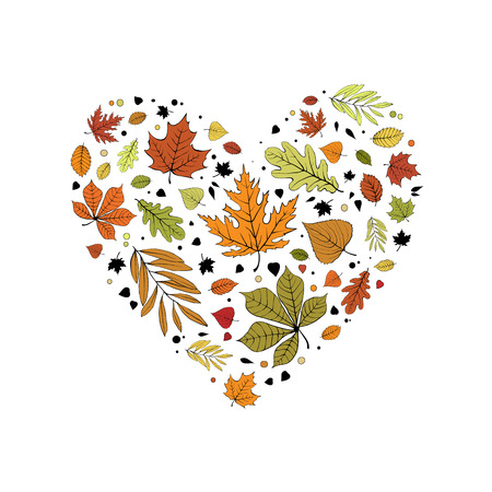 Colorful red, green, orange and yellow autumn leaves heart design on white background.のイラスト素材