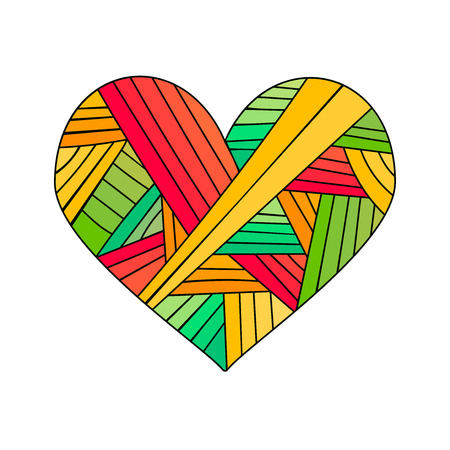 Ornamental St.Valentines greeting card with colorful floral heart sketch. Vector heart illustration with flowers and leaves pattern on white background.のイラスト素材