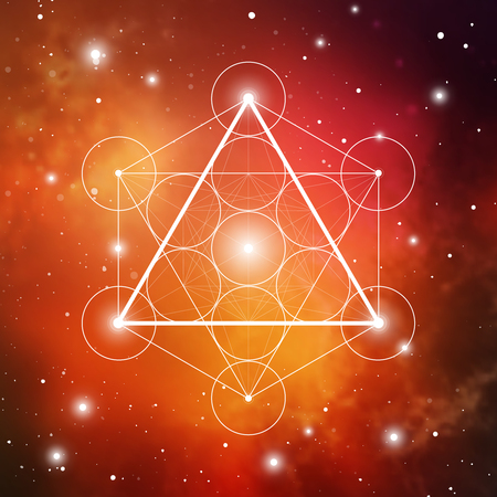 Fire element symbol inside Metatron Cube and Flower of Life in front of outer space cosmic background. Sacred geometry magic sign futuristic vector design.のイラスト素材
