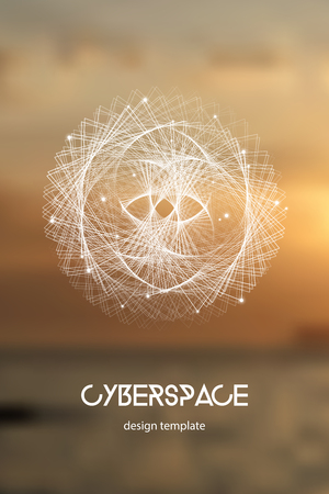 Cyberspace and network connection vector digital illustration. Futuristic technology design template with glowing particles and fractal lines.のイラスト素材