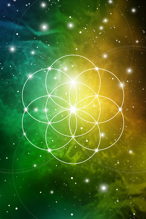 Sacred geometry flower of life art with golden ratio numbers, interlocking circles and particles in front of outer space background. The formula of nature.のイラスト素材
