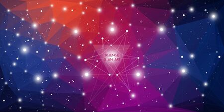 Widescreen futuristic technology illustration in front of outer space background with copy space. Cyberspace and network connection cosmic design template with glowing particles and geometric lines.のイラスト素材