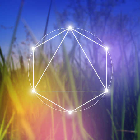 Merkaba sacred geometry spiritual new age futuristic illustration with interlocking circles, triangles and glowing particles in front of blurry natural photographic backgroundのイラスト素材
