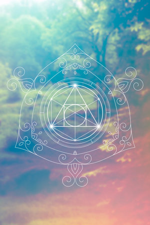 Philosopher Stone Sacred Geometry inspired design template with oriental tribal ornaments. Ornamental new age art.Meditation symbol in front of blurry nature background.のイラスト素材