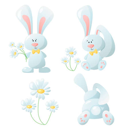 Set of vector cute rabbit with chamomileのイラスト素材