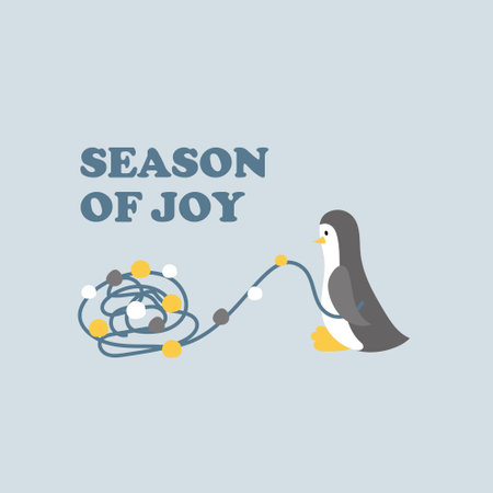 Christmas greeting card. hand drawn style. Season of joy. Cute penguin with garland.のイラスト素材