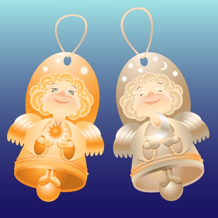 Vector illustration. Gold and silver angel bells on blue background.のイラスト素材