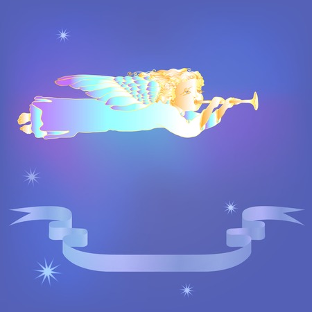 Vector illustration of flying Christmas angel  with trumpetのイラスト素材
