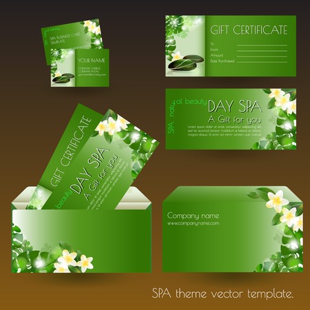 Vector set SPA template with green exotic leaves.のイラスト素材