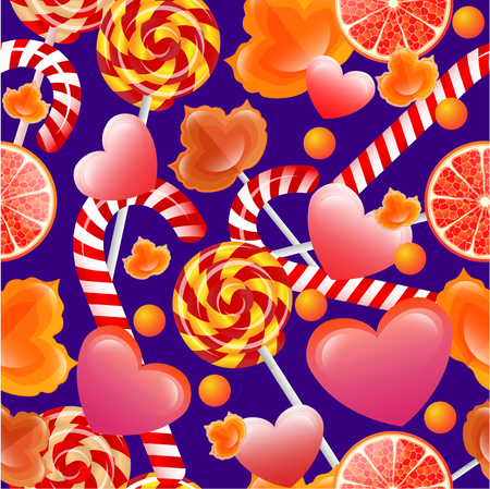 Vector seamless pattern with sweets and lollipops. Background for your design, textile, fabric, surface textures, packaging.のイラスト素材
