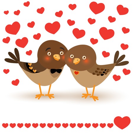 Vector illustration with two cartoon  birds and red hearts on white background.のイラスト素材