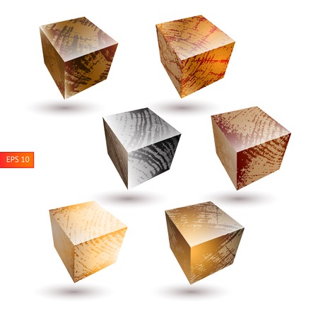 Vector illustration with  isolated wood  texture striped blocks on white background. Abstract wooden textured cubes in perspective.のイラスト素材