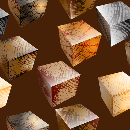 Vector abstract wooden textured background.  Seamless pattern with wooden cubes on dark background.のイラスト素材