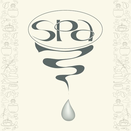 Vector handwritten  label black word spa and drop on light background with grey spa accessories.のイラスト素材