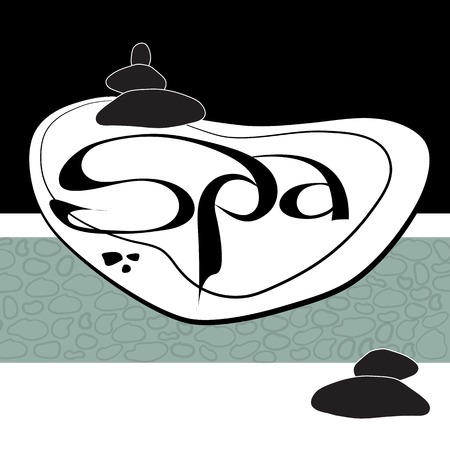 Vector handwritten  label black word spa and stacked stones  on black, grey, white  background with grey stones.のイラスト素材