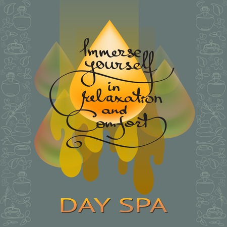 Vector illustration with a drops, silhouette SPA accessories and handwritten words on a grey background.のイラスト素材