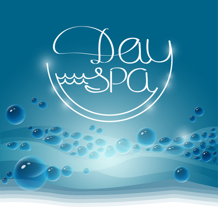 Vector illustration with  bubble and white handwritten words Day Spa in a shape of a circle on blue background.のイラスト素材