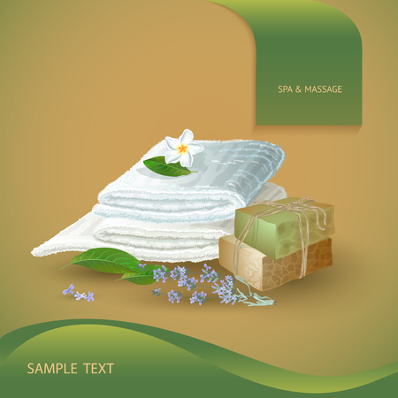 Vector illustration with  spa accessories   hand made soap, lime, towel and flowers on orange background.のイラスト素材