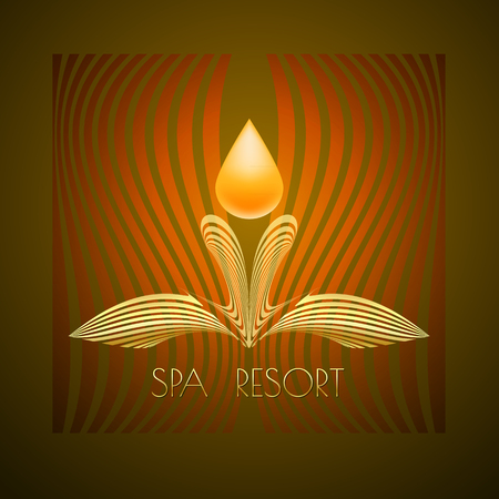 Spa themed vector illustration, design using golden line curve and drop. Logo, symbol, icon  on brown background.のイラスト素材