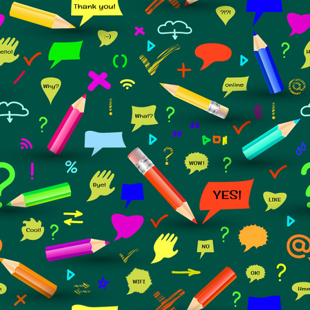 Seamless pattern with pencis, sings and speech bubbles on green background.のイラスト素材