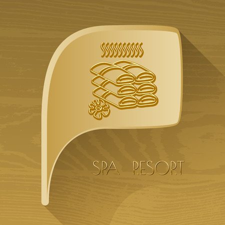bubble golden icon with spa accessory towels on brown wooden background. Spa resort.のイラスト素材
