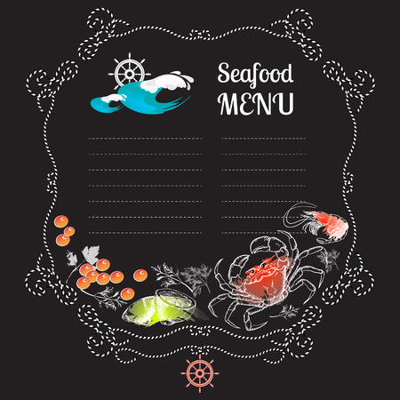 Vector seafood menu  composition with place for your text on black background.のイラスト素材