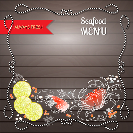 Vector seafood menu  composition with place for your text on wooden background.のイラスト素材