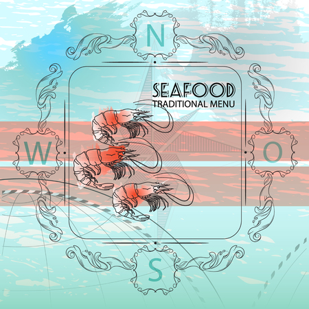 Vector seafood label with shrimps silhouette and nautical accessory on blue background.のイラスト素材