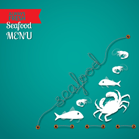 Vector seafood menu  composition with place for your text on aquamarine background.のイラスト素材