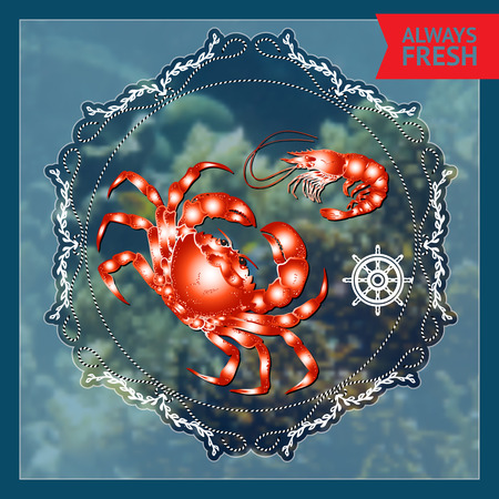 Vector  label with  crab and shrimp, nautical accessory and words Always Fresh  on blue marine background.のイラスト素材