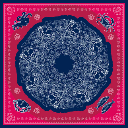 Blue and pink bandana square pattern design for print on fabric. Kerchief or neck scarf style. Mandala vector illustration with crabs, squids, starfishes, shells and waves.のイラスト素材
