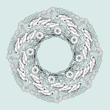 Hand drawn vector ornamental mandala with fishes, shells, alga and waves. Template for invitation or greeting card. Circle vintage ornate pattern on light blue background.のイラスト素材