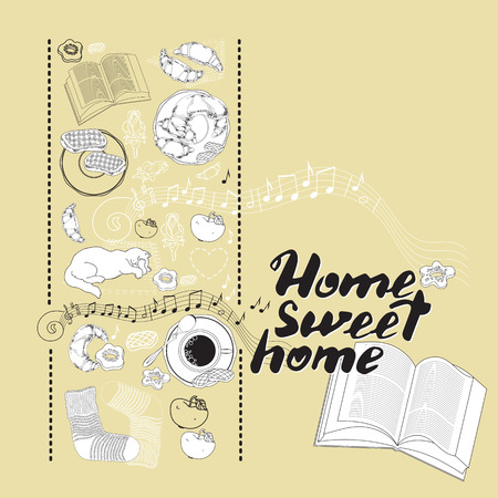 Calligraphic quote printable phrase Home sweet home on light background with socks, book, cat, cookies, croissant, coffee, notes, apple. For housewarming posters, greeting cards, mood boardのイラスト素材