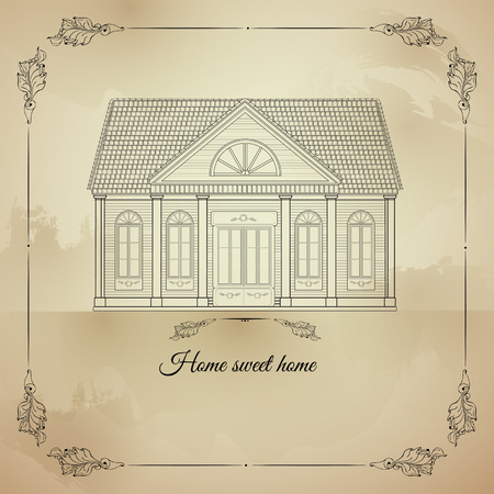 Vector retro illustration Home Sweet Home with old house in floral frame on light spotted background. Picture in vintage style. For housewarming posters, greeting cards, home decorations, mood board.のイラスト素材