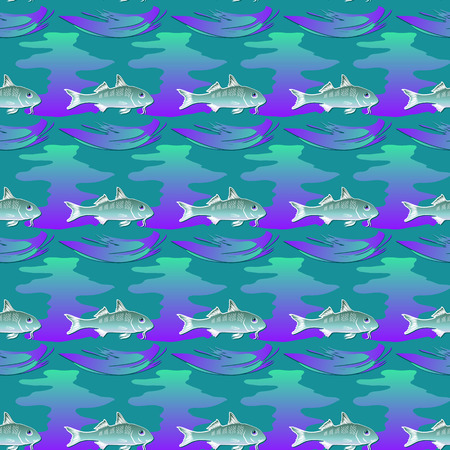 Seamless textures  marine ornament with fishes and waves on aquamarine background. Vector  pattern.のイラスト素材