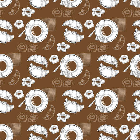 Coffee and pastry seamless pattern. Trendy template for flyers, banners, invitations, restaurant or cafe menu design. The pattern for wallpaper, bed linen, tiles, wrapping, backgrounds.のイラスト素材
