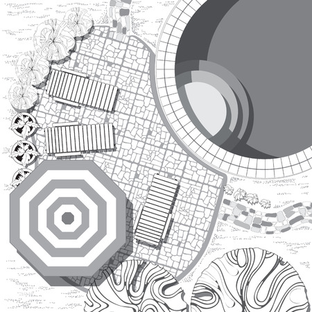 Plan of garden with decorative plant and furniture symbols. Lounge with umbrella near the pool.のイラスト素材