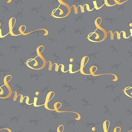 Abstract seamless pattern with handwritten words Smile and day  on grey background. Hand drawn background for design and decoration textile, covers, package, wrapping paper.のイラスト素材