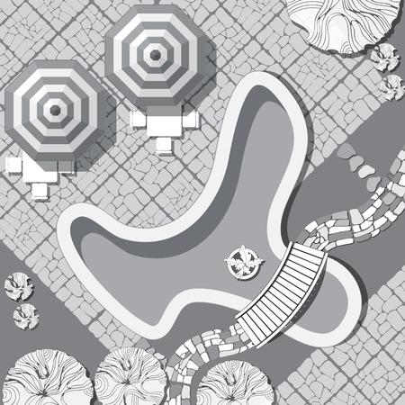 Plan of landscape with pool, bridge, stones pathway, decorative plant and furniture symbols.   Patio with garden chairs and table with umbrella.のイラスト素材
