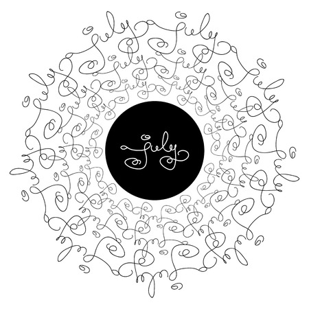 Handwritten calligraphy words July.  Circle  isolated white and black lettering for 
 typography greeting, invitation card, calendars and organizers.のイラスト素材