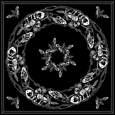 Black and white bandana square pattern design for print on fabric. Kerchief or neck scarf style. Mandala vector illustration with contour feathers and ethnic abstract decorative elementsのイラスト素材