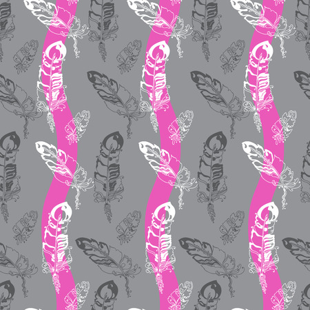 Abstract seamless pattern with feathers  on  a striped grey and pink background. Hand drawn backdrop for design and decoration textile, covers, package, wrapping paper.のイラスト素材