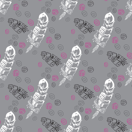 Abstract seamless pattern with feathers  on grey background. Hand drawn backdrop for wallpaper, design and decoration textile, covers, package, wrapping paper.のイラスト素材